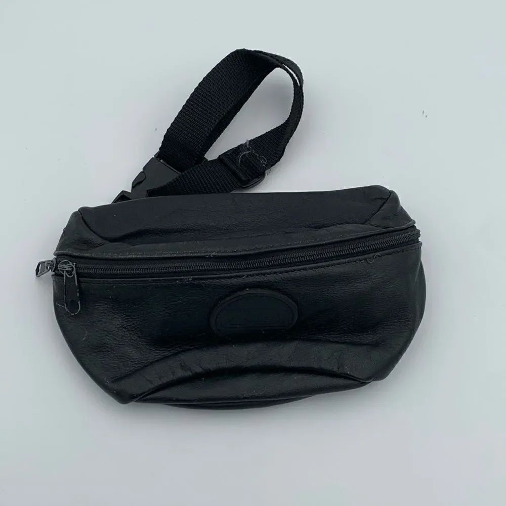 Vintage black leather Fanny back belt bag adjustable waist